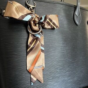 Purse scarf bow charm with bling medallion and gold clip, tan brown blue stripe